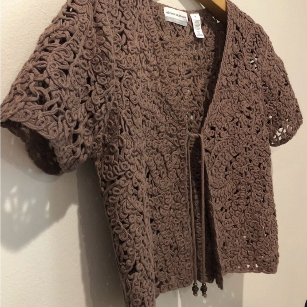 Alfred Dunner Taupe Crochet Short Sleeve Tie-Front Cardigan